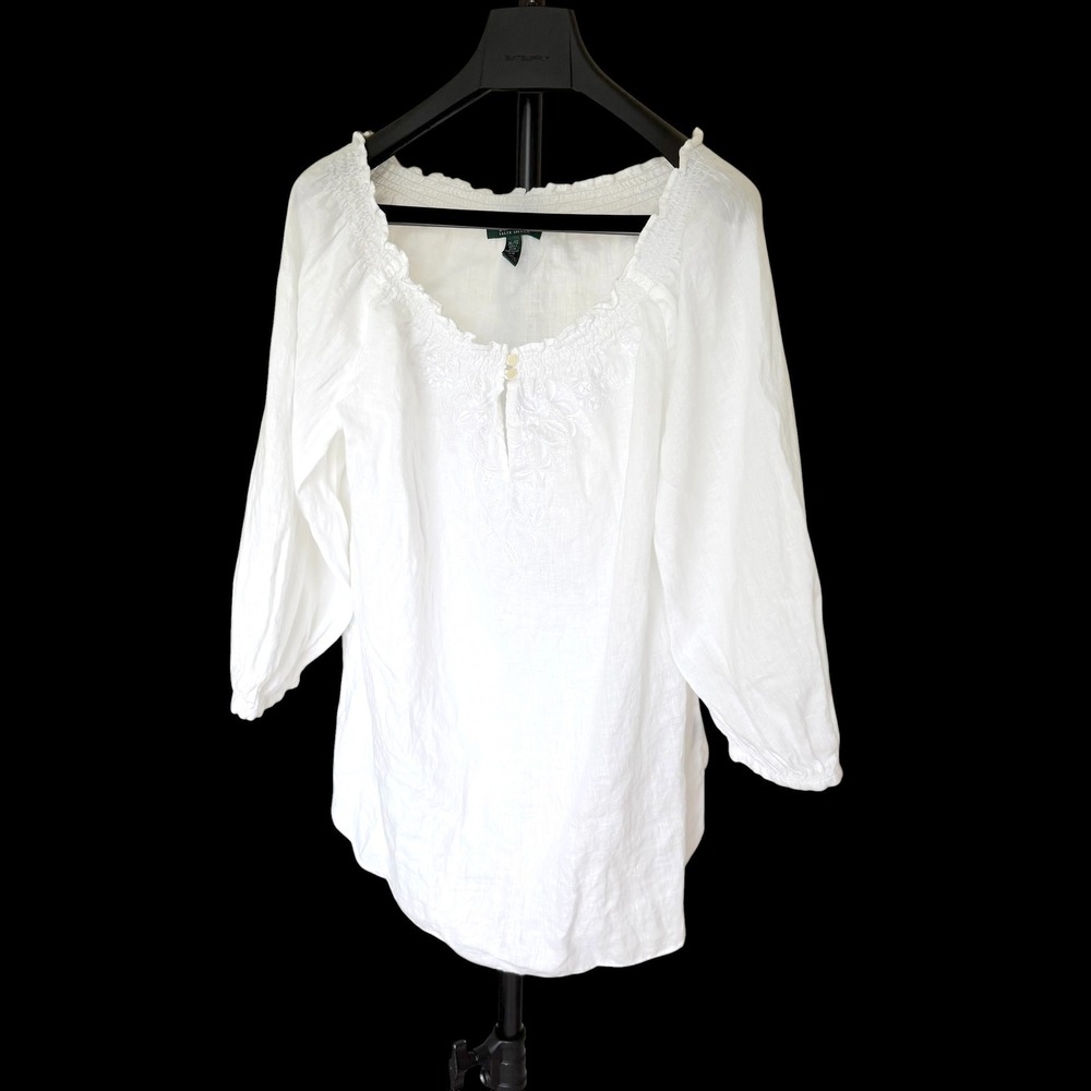 90's Lauren Ralph Lauren White Linen Peasant Blouse Smocked Embroidered Top XL